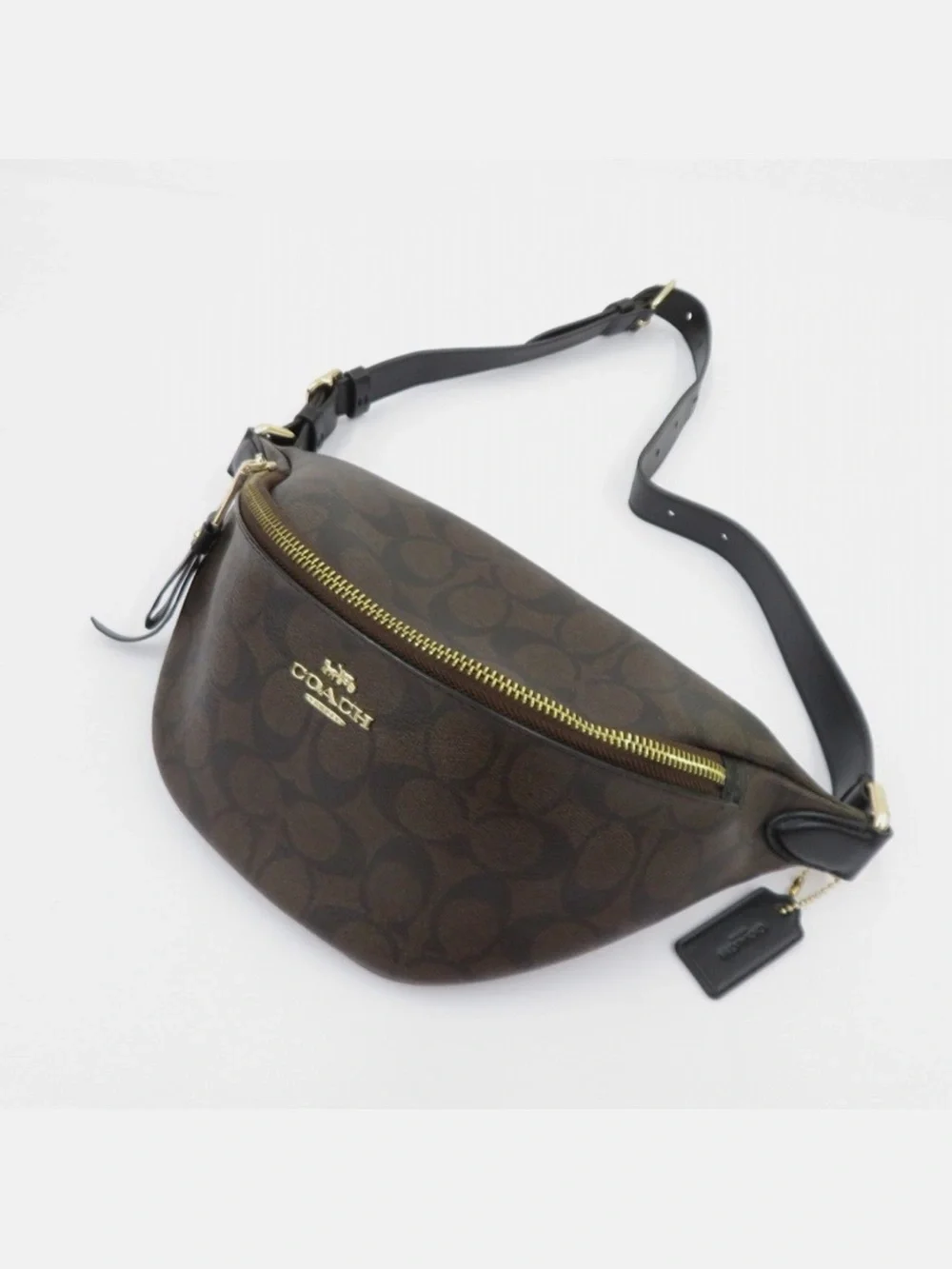 Coach Brown Signature Canvas Belt Bag with Black Strap